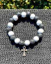 Load image into Gallery viewer, 10mm Lava Stone White Wood Ankh Charm Bracelet