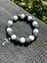 Load image into Gallery viewer, 10mm Lava Stone White Wood Ankh Charm Bracelet