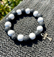 Load image into Gallery viewer, 10mm Lava Stone White Wood Ankh Charm Bracelet