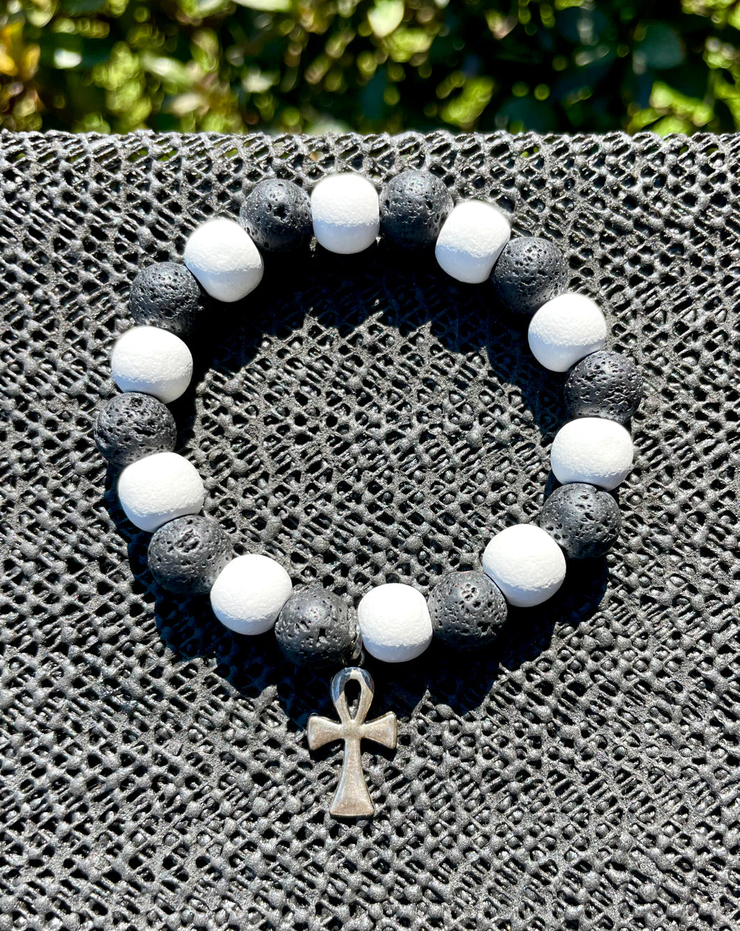 10mm Lava Stone White Wood Ankh Charm Bracelet