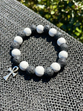 Load image into Gallery viewer, 10mm Lava Stone White Wood Ankh Charm Bracelet
