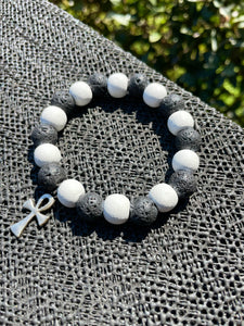 10mm Lava Stone White Wood Ankh Charm Bracelet