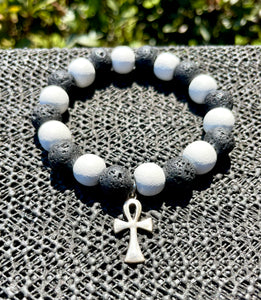 10mm Lava Stone White Wood Ankh Charm Bracelet