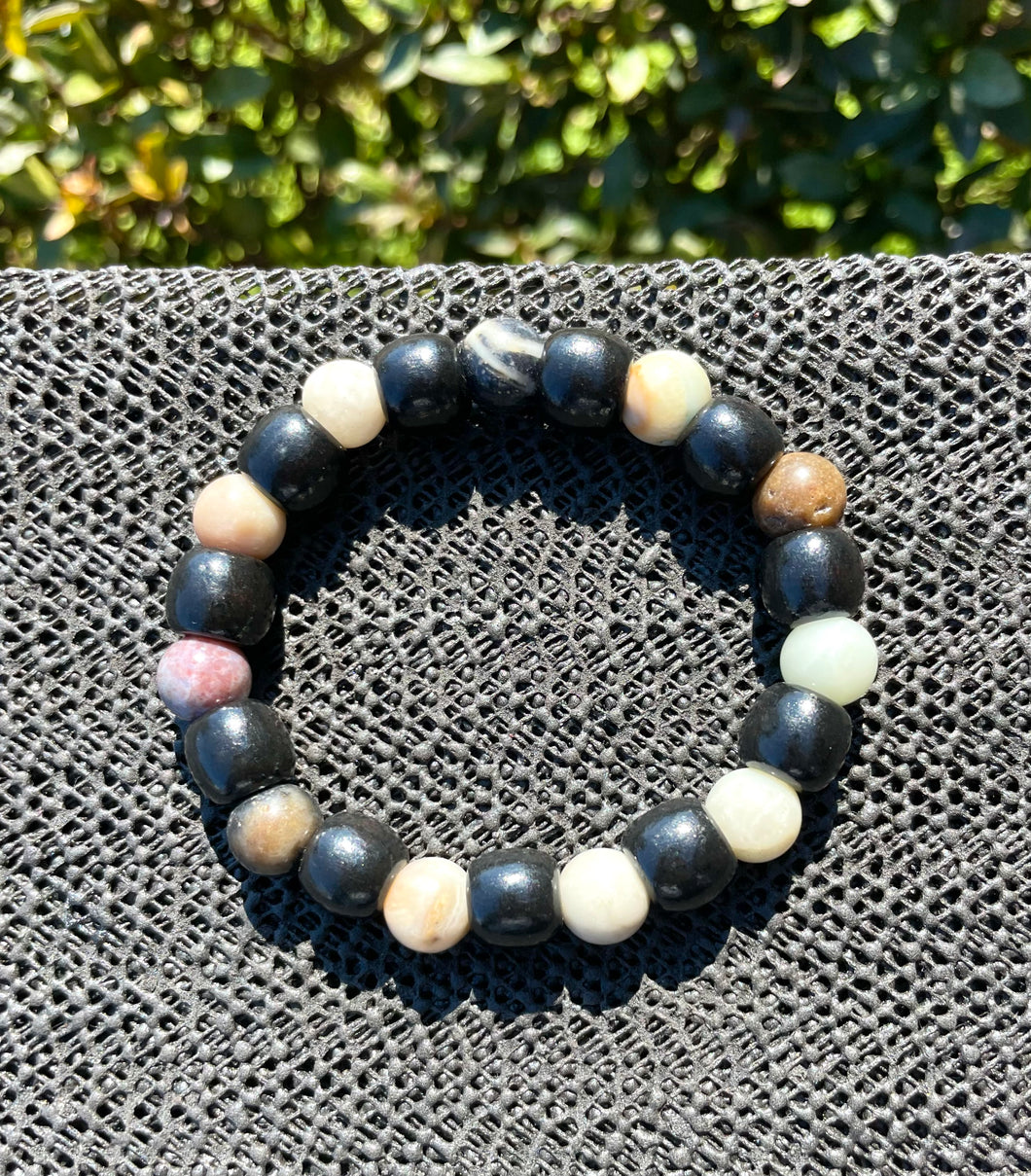 Unisex 10mm Fancy Jasper & Black Wood Bead Bracelet