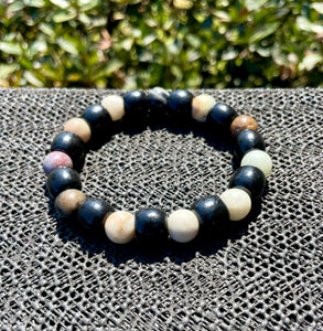 Unisex 10mm Fancy Jasper & Black Wood Bead Bracelet