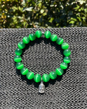 Load image into Gallery viewer, 10mm Green Cat&#39;s Eye Buddha Charm Bracelet
