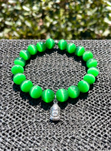 Load image into Gallery viewer, 10mm Green Cat&#39;s Eye Buddha Charm Bracelet
