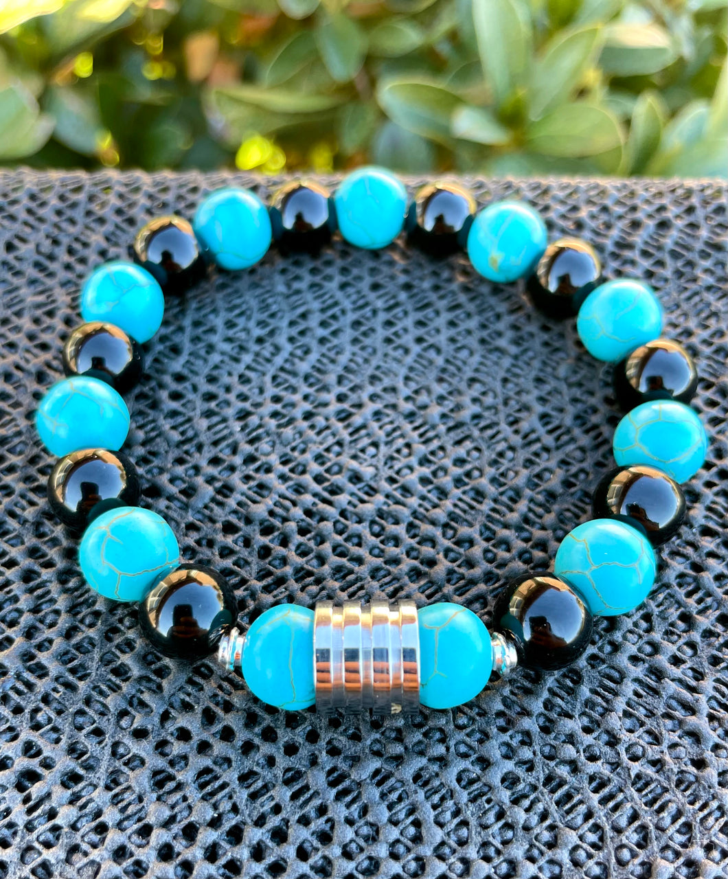 Men's 10mm Blue Howlite and Black Onyx Healing Bracelet