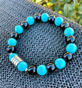 Men's 10mm Blue Howlite and Black Onyx Healing Bracelet