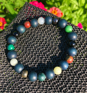 Navy Blue Wood & Crystal Beaded Bracelet